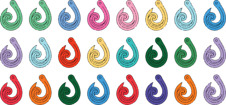 Colorful swirling Maori fish hook symbols in rows on transparent background, Polynesian art, cultural pendants.