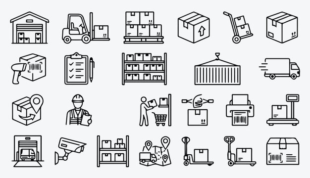 Warehouse logistics and distribution outline icon set with logistics, warehouse