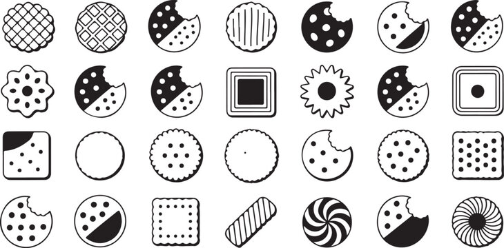 Assorted black and white cookie icons featuring various geometric shapes textures bites and patterns on transparent background set.