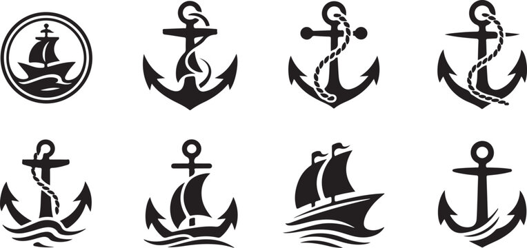 Set of anchor and boat icons, symbols of marine and sailing adventures, some with rope details, on background.
