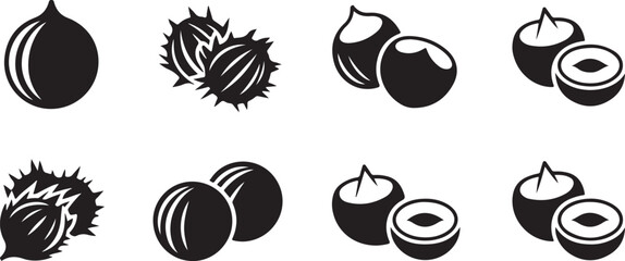 Collection of chestnut and acorn silhouettes, showing whole nuts, spiky casings, and halved fruits on a grey background. © Kamrun82
