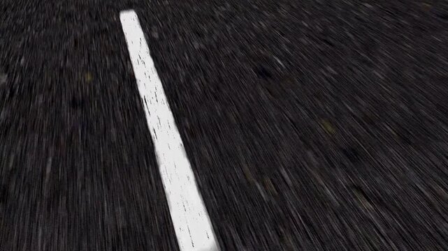 Fast motion asphalt road with white line, high speed highway texture background, cinematic motion blur on dark bitumen street surface