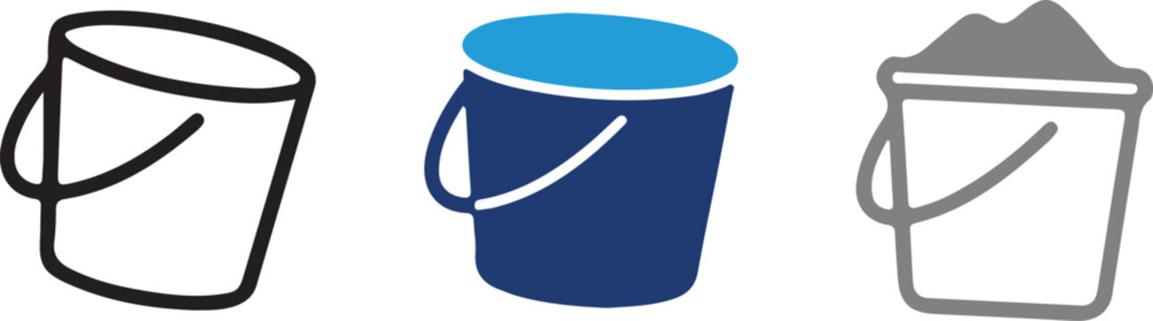 Set of hand drawn bucket icons, simple plastic pail and container vector illustrations with transparent background for industrial and home design projects
