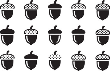 Set of black acorn icons with oak nut silhouettes in different styles for fall seasonal nature theme and forestry autumn prints. © Kamrun82