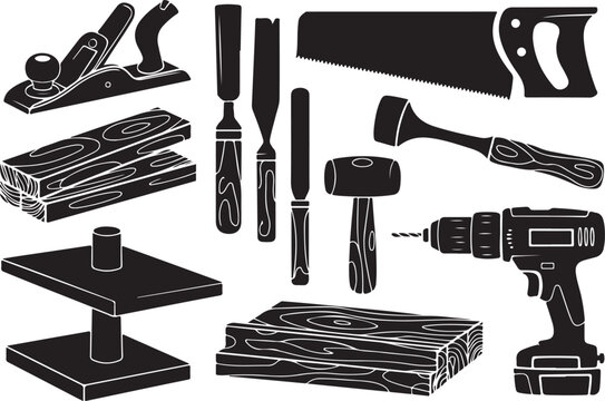 Woodworking tools set silhouette collection featuring hand saw power drill wood plane chisels and mallets for carpentry projects.