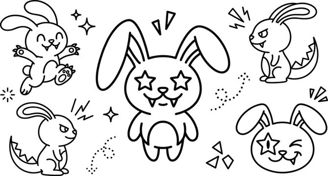 Cute monster bunny characters coloring page vector illustration set with funny cool star eye rabbits