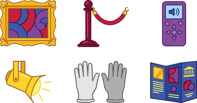 Art Gallery and Museum Exhibition Icon Set with Framed Painting Velvet Rope Audio Guide Spotlight Curator Gloves and Brochure Vector Illustration