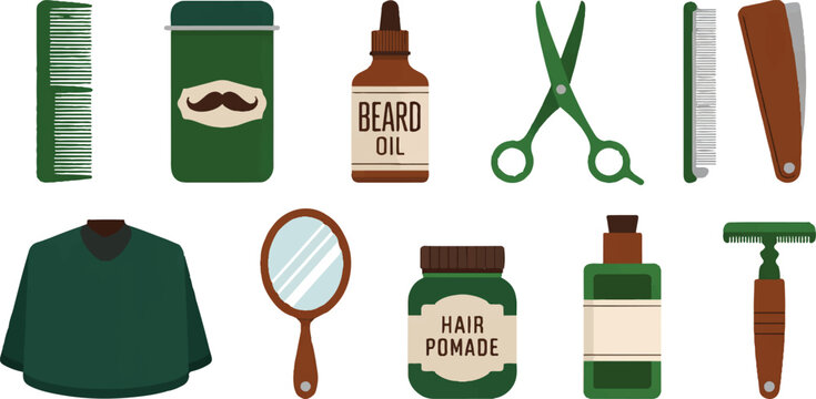 Barbershop grooming tools and hair care products collection featuring beard oil pomade scissors comb and shaver for salon supplies.