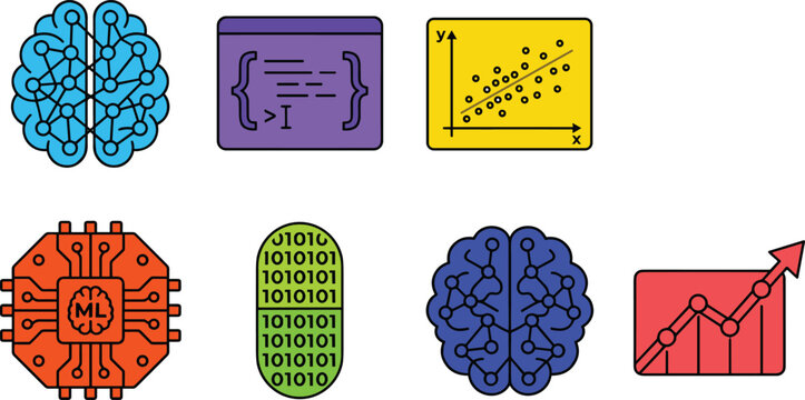 Artificial Intelligence and Machine Learning Data Science Vector Icon Set with Neural Network Brain Code Terminal Regression Chart Binary and Microchip