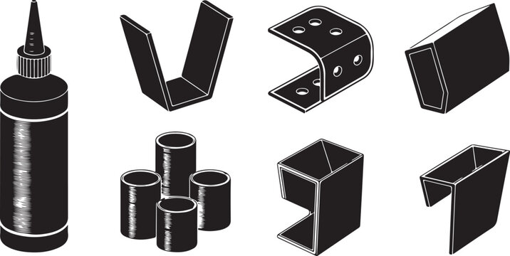 Set of metal hardware components featuring various brackets and pipes including industrial tube fittings and construction parts.
