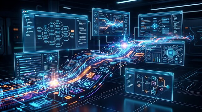 Futuristic digital data flow with glowing circuits and screens.