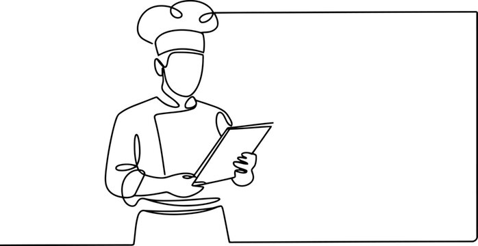 Minimalist single line of a chef in toque and uniform holding a document or menu with blank frame