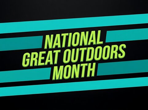 Vibrant promotional banner for national great outdoors month with bold text and striped background