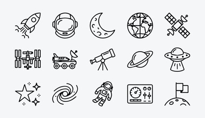 Outer space and astronomy outline icons with sci fi astronomy exploration © Adde