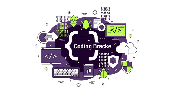 Modern Software Development and Coding Illustration with Program Icons, Binary Code, and Bug Debugging Concept