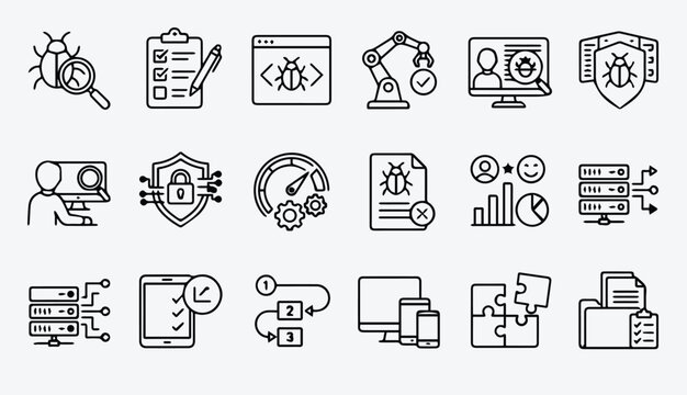 Software testing and cybersecurity line icon set with security, cybersecurity