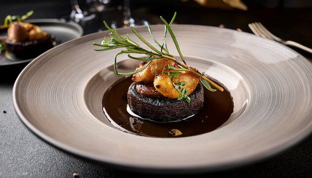 deep umami variation infused with black garlic paste darker caramelized tops moody fine dining presentation