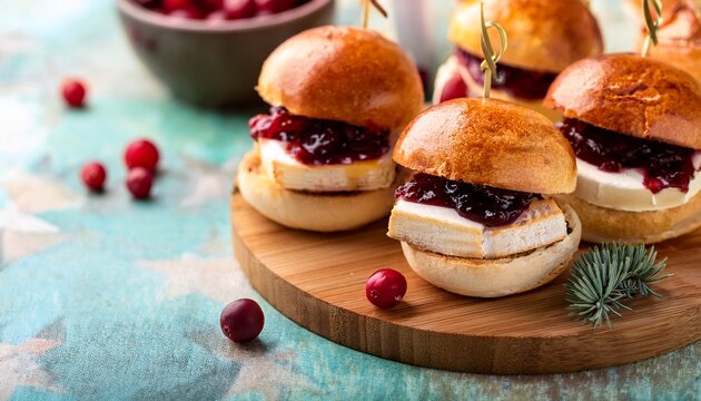smoked turkey and brie sliders layered with cranberry sauce on soft dinner rolls presented on a wooden serving tray with pastel decor accents