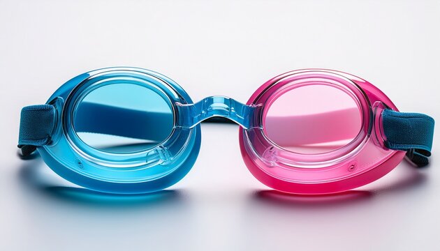 a pair of blue and pink swimming goggles on white background