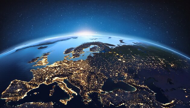 europe at night from space city lights illuminate the continent concept of urbanization energy consumption and global connectivity