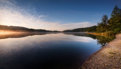 Fototapeta premium calm 3d lake shoreline with still water and mirror reflection of serene morning sky
