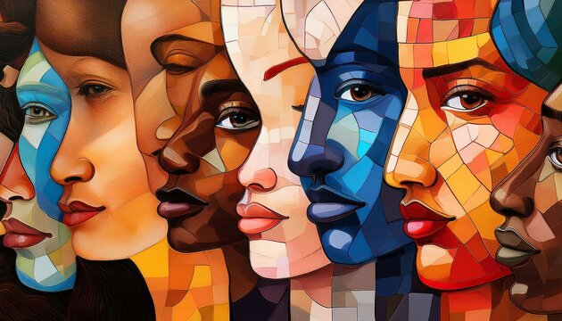 abstract mosaic of diverse faces representing unity connection and multiculturalism in a vibrant textured art style