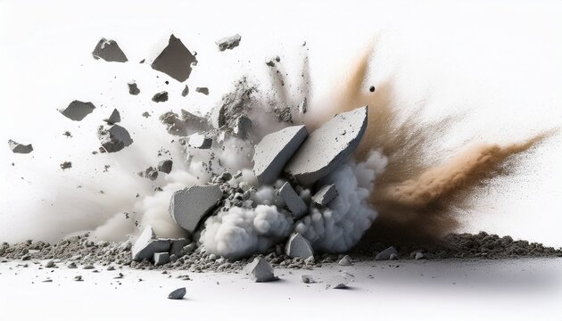 exploding concrete debris with dust cloud on white background concept of demolition destruction and construction accident