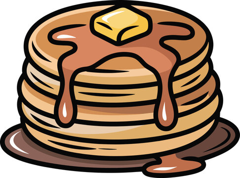 Stack of fluffy pancakes with melting butter and maple syrup drip illustration