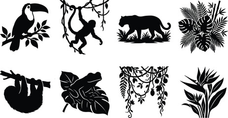 Tropical rainforest jungle animals and plants vector icons set featuring toucan monkey jaguar sloth frog and monstera leaves © Sobuz