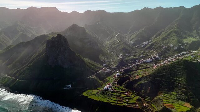 Aerial view of Taganana village and Roque de las Animas, Anaga, Tenerife