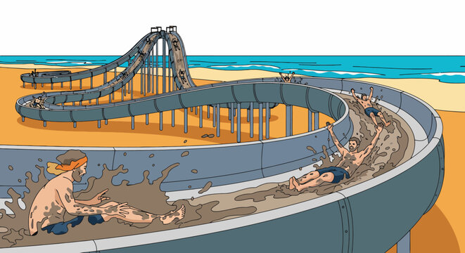 People enjoying a thrilling ride on a water slide at a beachside amusement park.