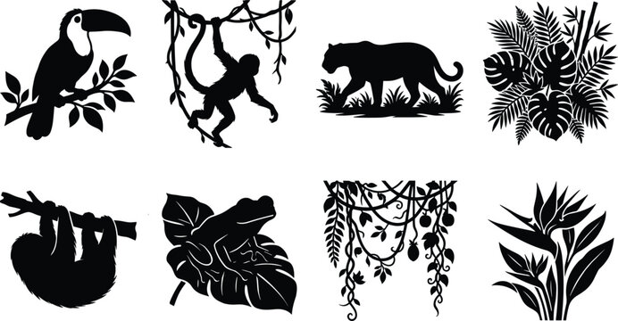 Tropical rainforest jungle animals and plants vector icons set featuring toucan monkey jaguar sloth frog and monstera leaves