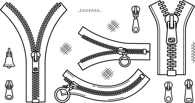 Metal clothing zipper and pull slider vector line art icon set for tailoring and fashion design
