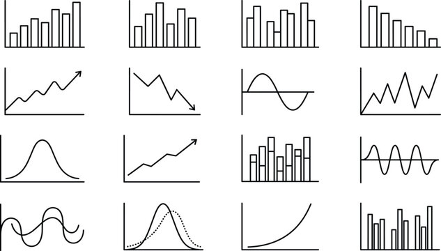 Business financial charts and analytics graph vector line art icon set for data statistics presentation reports
