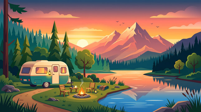 Camping by serene lake at sunset with campervan