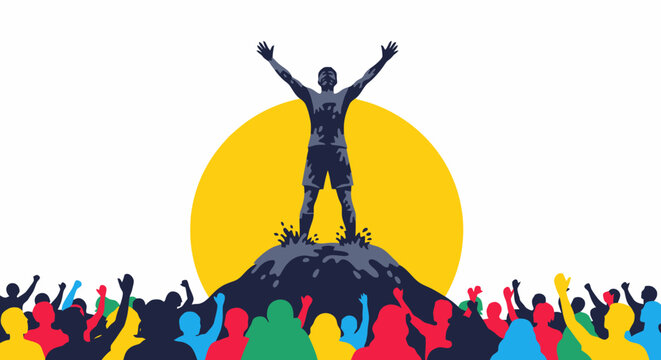 Victorious man standing on a mountain peak with arms raised in triumph.