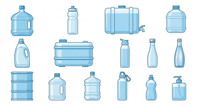 Transparent Plastic Water Bottles and Refillable Water Containers Vector Illustration Set