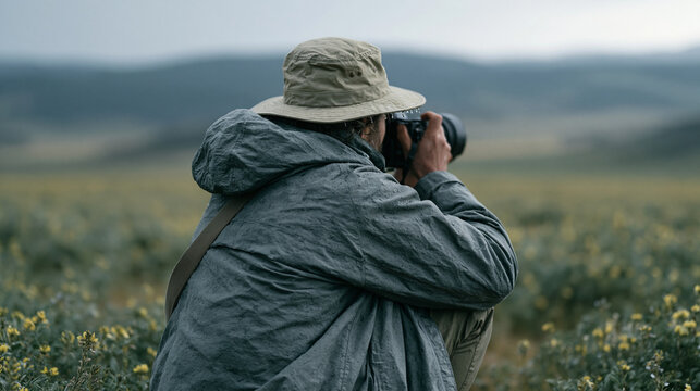 Photographer crouched low in a muddy field aiming toward rain-soaked wildflowers bending in the wind under a dramatic overcast April sky, her rain jacket darkened with moisture as
