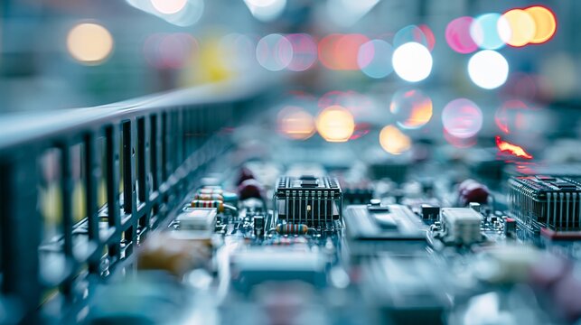 Focused macro shot of advanced sensor technology on a modular security barrier highlighting intricate electronic components against a dreamy shallow depth of field urban industrial