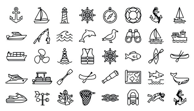 Set of nautical and maritime themed line art icons with marine biology, jet ski