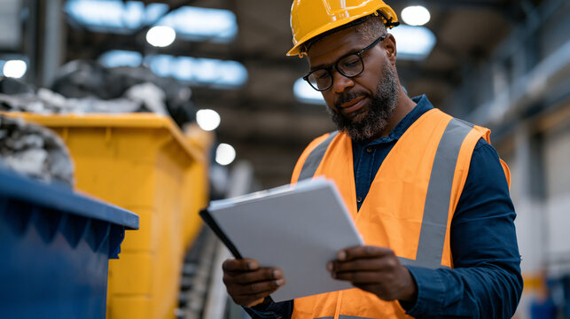 Zero waste factory floor supervisor reviewing material recovery bins beside conveyor system, twilight blue hour filtering through clerestory skylights, sustainable operations team