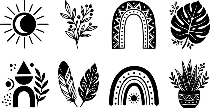Bohemian line art collection with sun and moon phases plus exotic tropical monstera leaves and tribal arch patterns
