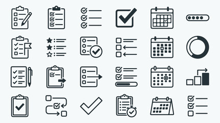 Fototapeta premium Business and planning line icon set. Checklist, calendar, clipboard, and progress chart symbols.