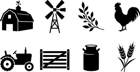 Collection of black farm life and rural agriculture vector icons featuring barns windmills and rustic farm equipment © PIXAVIVE