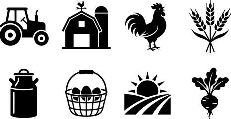 Set of agricultural and farm related black vector icons featuring tractors barns roosters and harvest produce symbols © PIXAVIVE