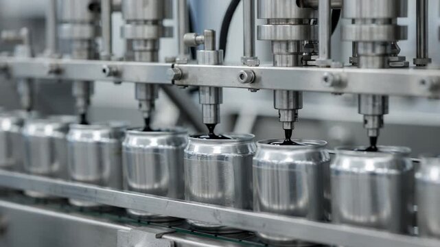 Closeup of automated machinery filling and sealing small ink cans with clear labels highlighting mechanical precision and quality control.