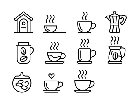 Coffee icon set with various cups and coffee makers illustrated