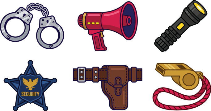 Police and Security Guard Equipment Icon Set with Handcuffs Megaphone Flashlight Star Badge Utility Belt Holster and Whistle Vector Illustration