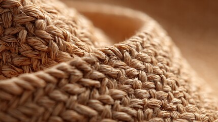 Obraz premium A macro close up of straw hat texture showing intricate weaving details under warm directional lighting on a neutral background