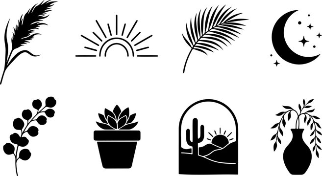 Boho chic nature and desert landscape vector icons featuring cacti sunset and botanical elements for creative designs
